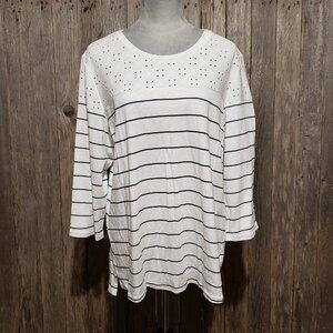 Maurices XL Tee Knit Top White Blue Striped Long Sleeve Eyelet Yoke Stretch